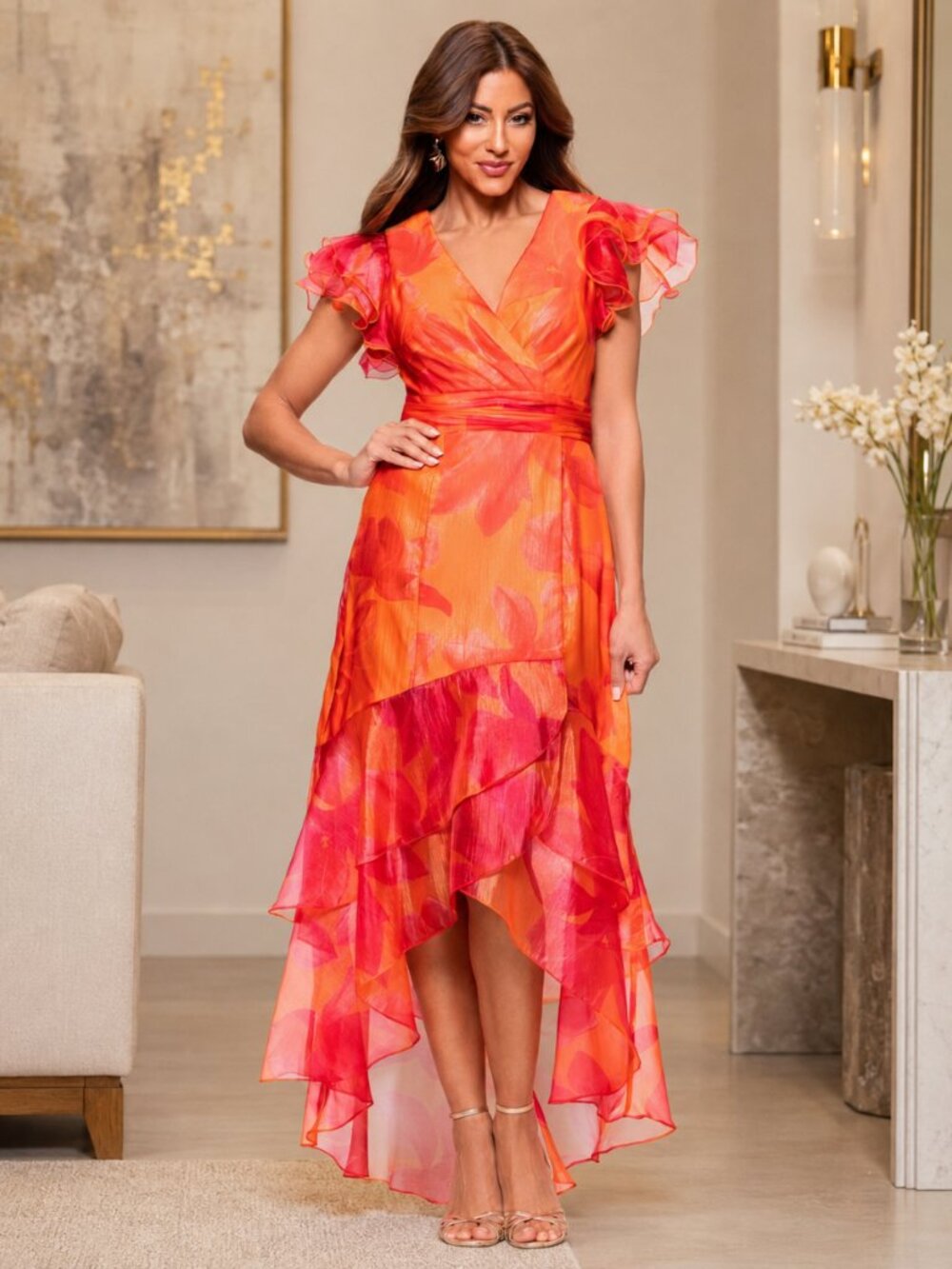 Xscape Orange & Pink Ruffled Midi Dress - Picture 3 of 6